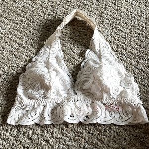 PINK Halter Bra in White Lace XS